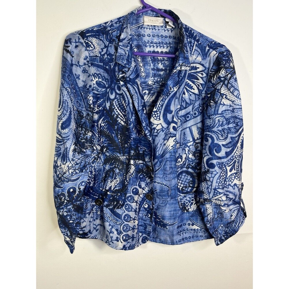 Chico's Linen Cotton Art Print Paisley Art Sketch Print Top Jacket 0 S 4